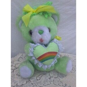 Vtg 80s Commonwealth Bear Plush Lime Green Rainbows And Ribbons 11" Stuffed